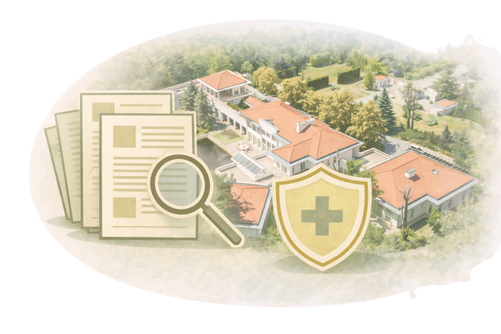 programy leczenia uzależnień i zaburzeń psychicznych- stacjonarna opieka medyczna i terapeutyczna przedstawiona na kartkach z lupą oraz zewnętrzny widok Budynek placówki prowadzącej leczenie stacjonarne pod nadzorem medycznym