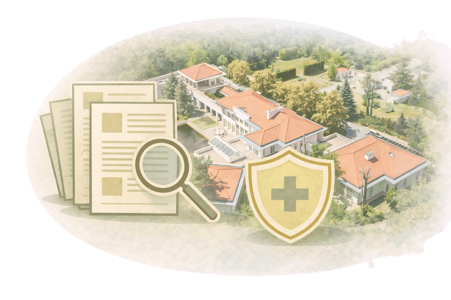 programy leczenia uzależnień i zaburzeń psychicznych- stacjonarna opieka medyczna i terapeutyczna przedstawiona na kartkach z lupą oraz zewnętrzny widok Budynek placówki prowadzącej leczenie stacjonarne pod nadzorem medycznym