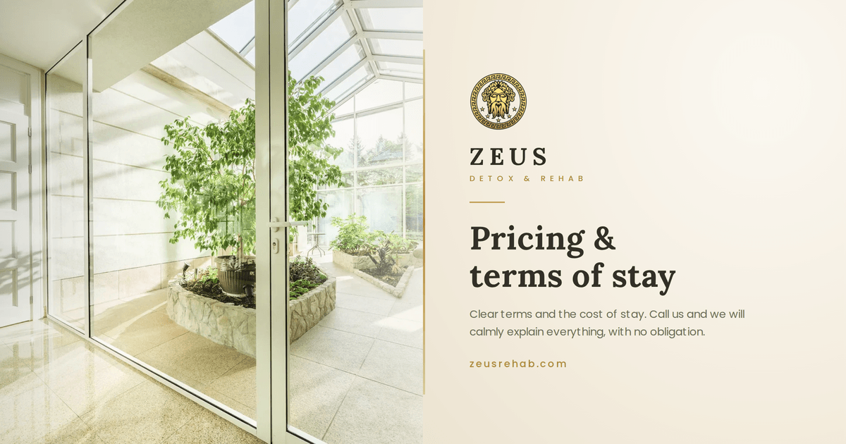 Published rates for executive rehab and inpatient treatment at Zeus Detox and Rehab