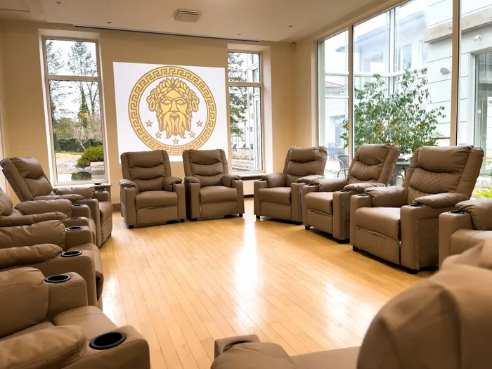 Sala terapii grupowej w ośrodku leczenia uzależnień Zeus Detox & Rehab, fotele ustawione w krąg